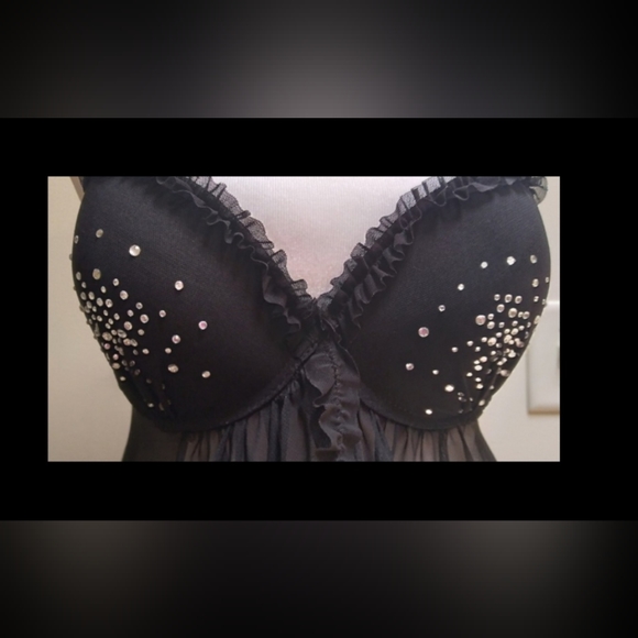 Vintage 🔥Sexy🔥 Black Babydoll/Chemise with Jewels and Ruffles 36C/Large - Picture 4 of 7
